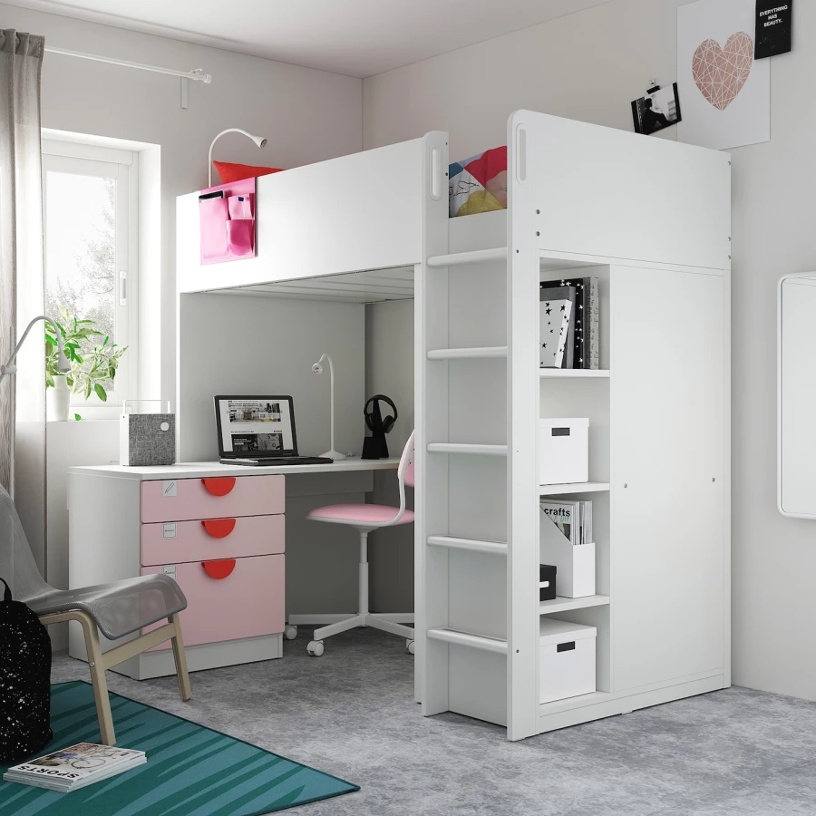 Кровать двухъярусная - IKEA SMÅSTAD/SMASTAD/СМОСТАД ИКЕА, 90x200 см, белый/розовый (изображение №4)