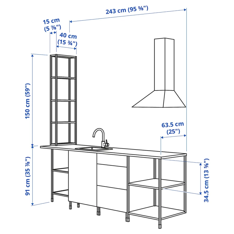 Кухонная комбинация для хранения - ENHET  IKEA/ ЭНХЕТ ИКЕА, 243х63,5х241 см, белый/черный/бежевый (изображение №3)