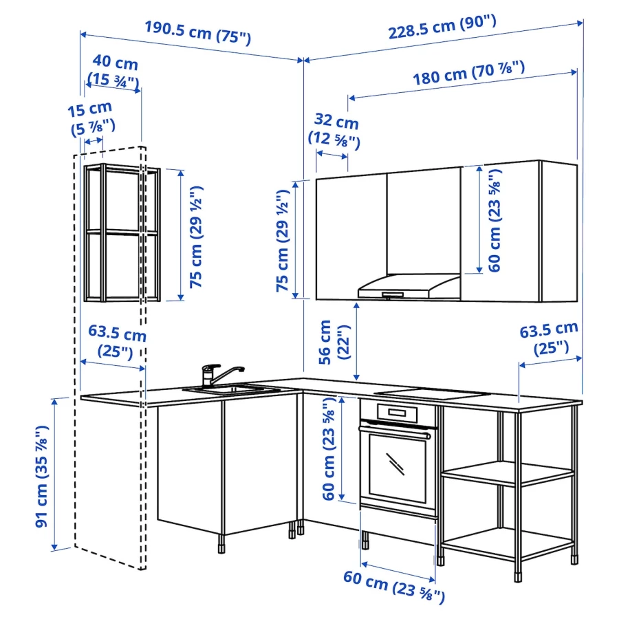 Угловой кухонный гарнитур - IKEA ENHET, 190.5х228.5х75 см, белый, ЭНХЕТ ИКЕА (изображение №3)