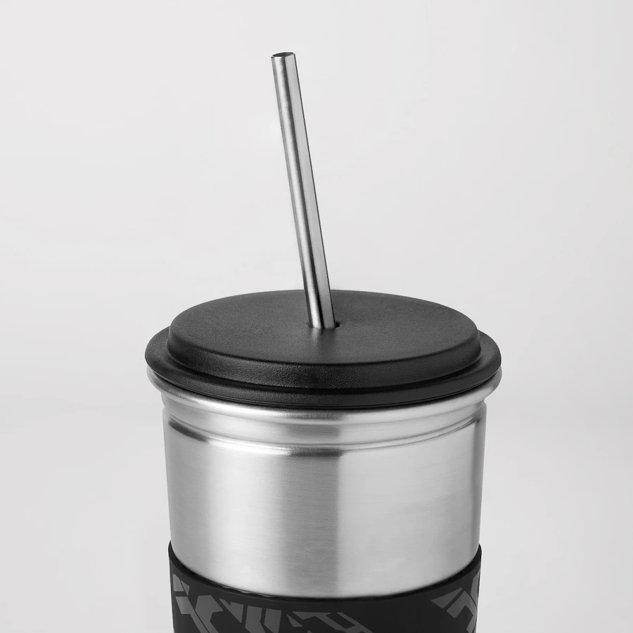 Набор: стакан, держатель для стакана - IKEA LÅNESPELARE/LANESPELARE, 500 мл, нержавеющая сталь/черный, ЛОНЕСПЕЛАРЕ ИКЕА (изображение №3)