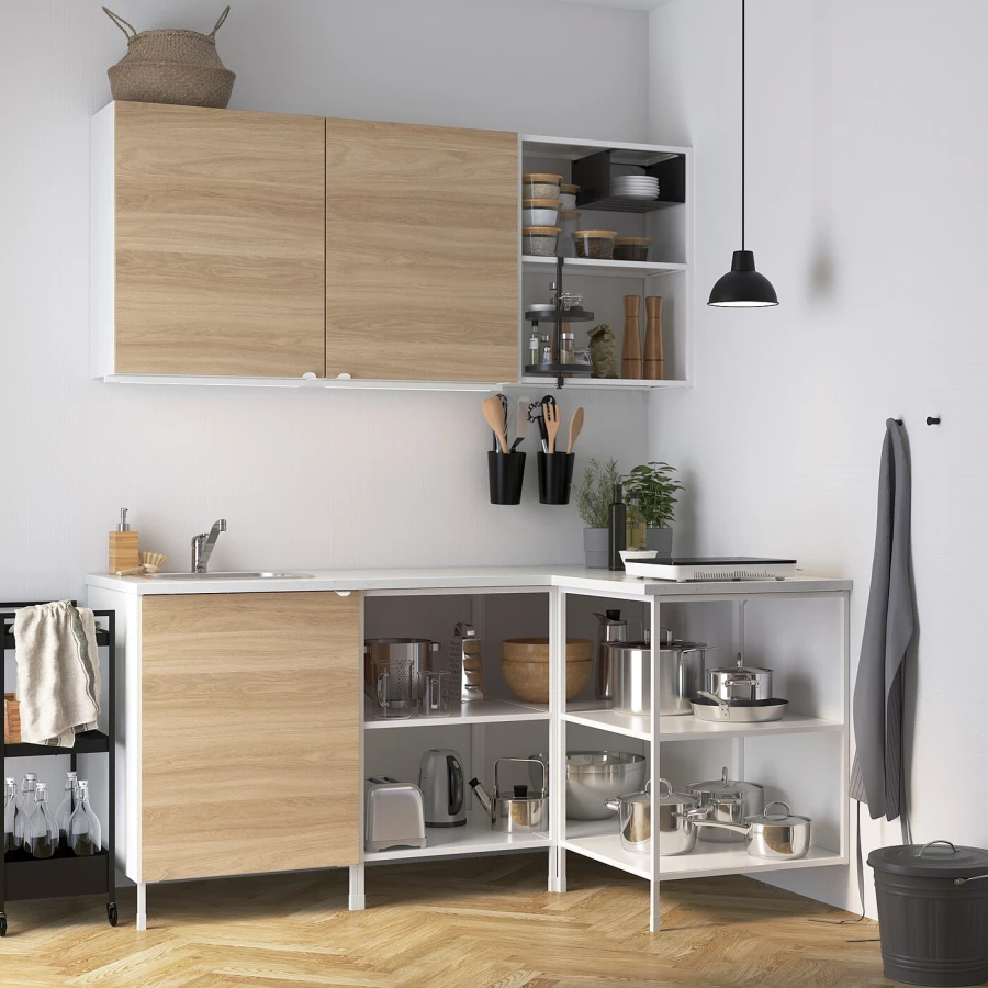 Угловая кухонная комбинация для хранения - ENHET  IKEA/ ЭНХЕТ ИКЕА, 181,5х121,5х75 см, белый/бежевый (изображение №2)