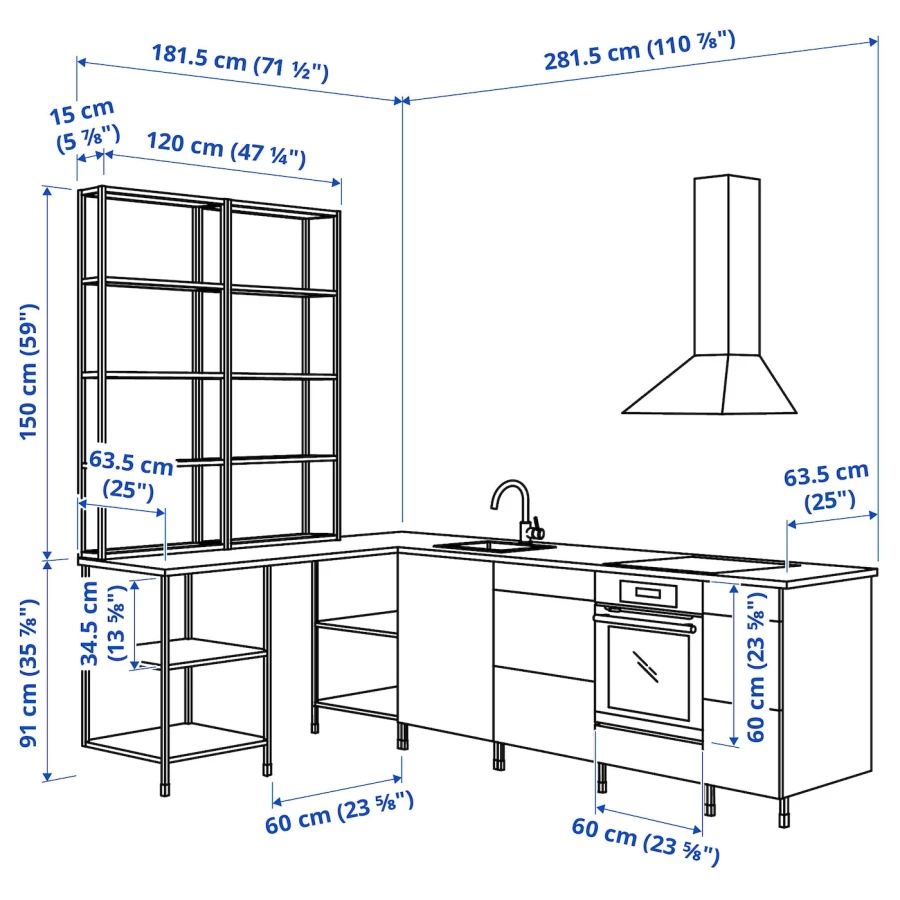 Угловая кухня -  ENHET  IKEA/ ЭНХЕТ ИКЕА, 281,5х150 см, белый (изображение №3)