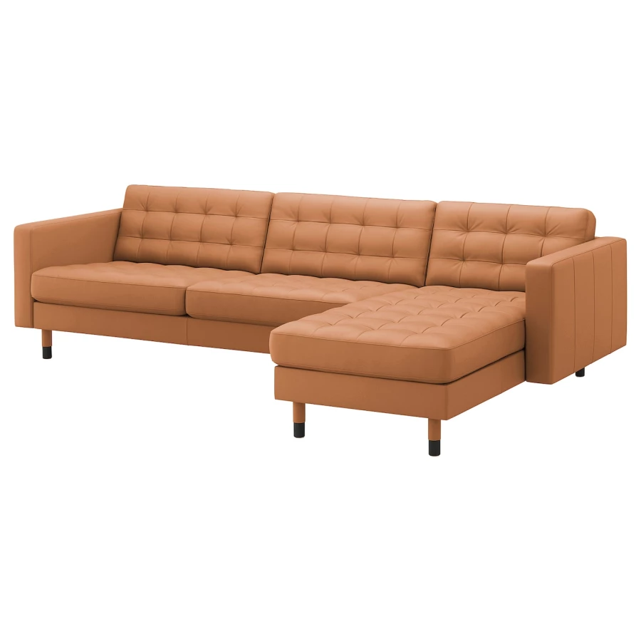 4-местный диван с шезлонгом - IKEA LANDSKRONA, 89x280см, оранжевый, кожа, ЛАНДСКРУНА ИКЕА (изображение №1)