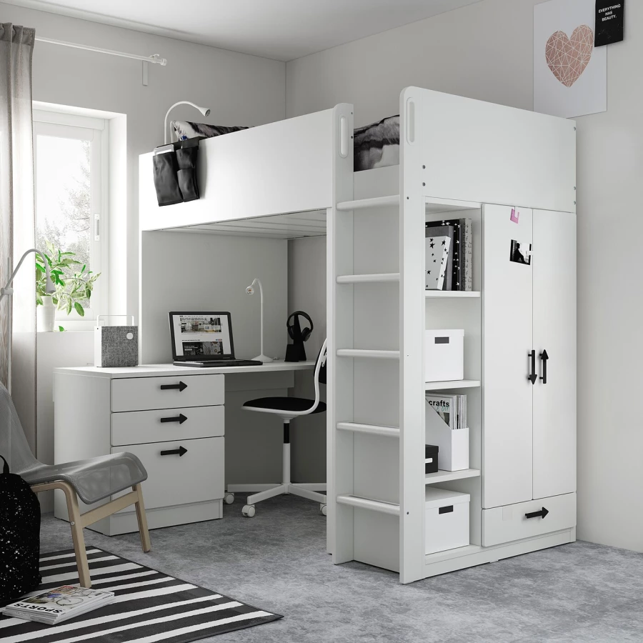 Кровать двухъярусная - IKEA SMÅSTAD/SMASTAD/СМОСТАД ИКЕА, 90x200 см, белый/черный (изображение №3)