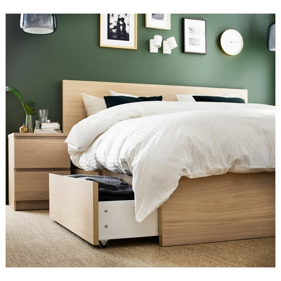 Каркас кровати с 2 ящиками для хранения - IKEA MALM/LINDBАDEN/LINDBÅDEN, 140х200 см, дубовый шпон, беленый МАЛЬМ/ЛИНДБАДЕН ИКЕА (изображение №5)