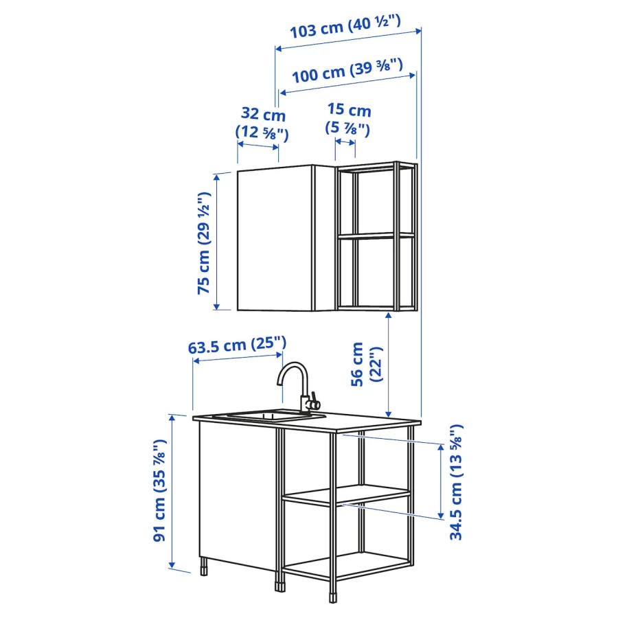 Кухонная комбинация для хранения вещей  - ENHET  IKEA/ ЭНХЕТ ИКЕА, 103x63,5x222 см, белый (изображение №3)