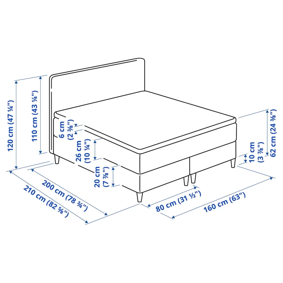 Континентальная кровать - IKEA DUNVIK, 200х160 см, жесткий матрас, темно-серый, ДУНВИК ИКЕА (изображение №11)