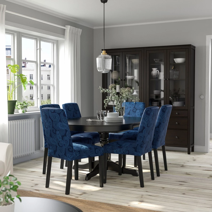 Стол и 4 стула - INGATORP / BERGMUND IKEA/ ИНГАТОРП/БЕРГМУНД ИКЕА, 110х87х74 см, синий с рисунком/коричневый (изображение №3)