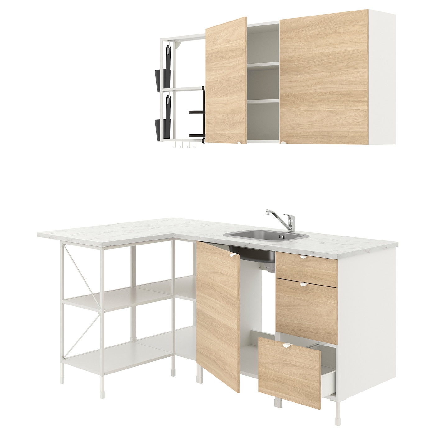 Угловая кухонная комбинация для хранения - ENHET  IKEA/ ЭНХЕТ ИКЕА, 121,5х185х75 см, белый/бежевый
