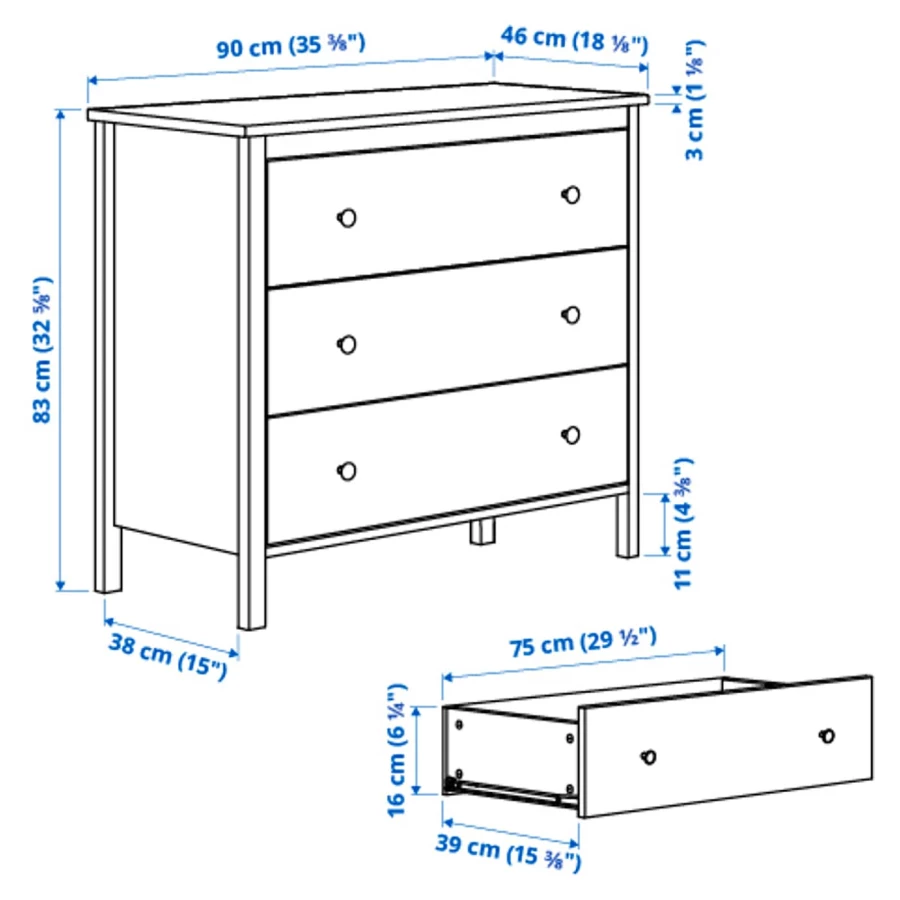 Комод с 3 ящиками - IKEA KOPPANG/КОППАНГ ИКЕА, 46х90х83 см, белый (изображение №5)