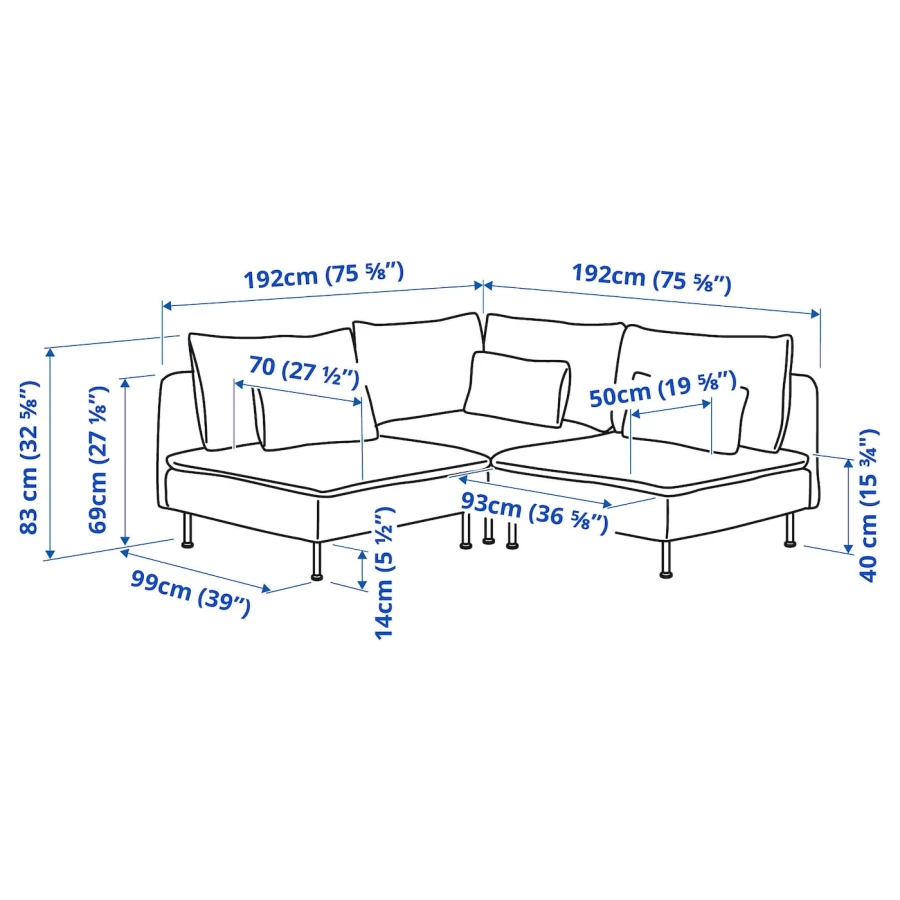 3-местный угловой диван - IKEA SÖDERHAMN/SODERHAMN, 99x192см, серый/светло-серый, СЕДЕРХАМН ИКЕА (изображение №8)
