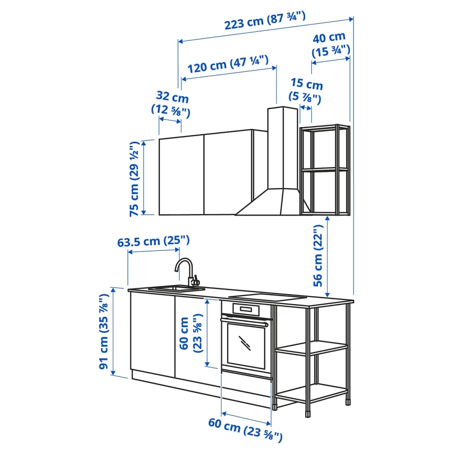 Комбинация для кухонного хранения  - ENHET  IKEA/ ЭНХЕТ ИКЕА, 223x63,5x222 см, белый/бежевый (изображение №3)