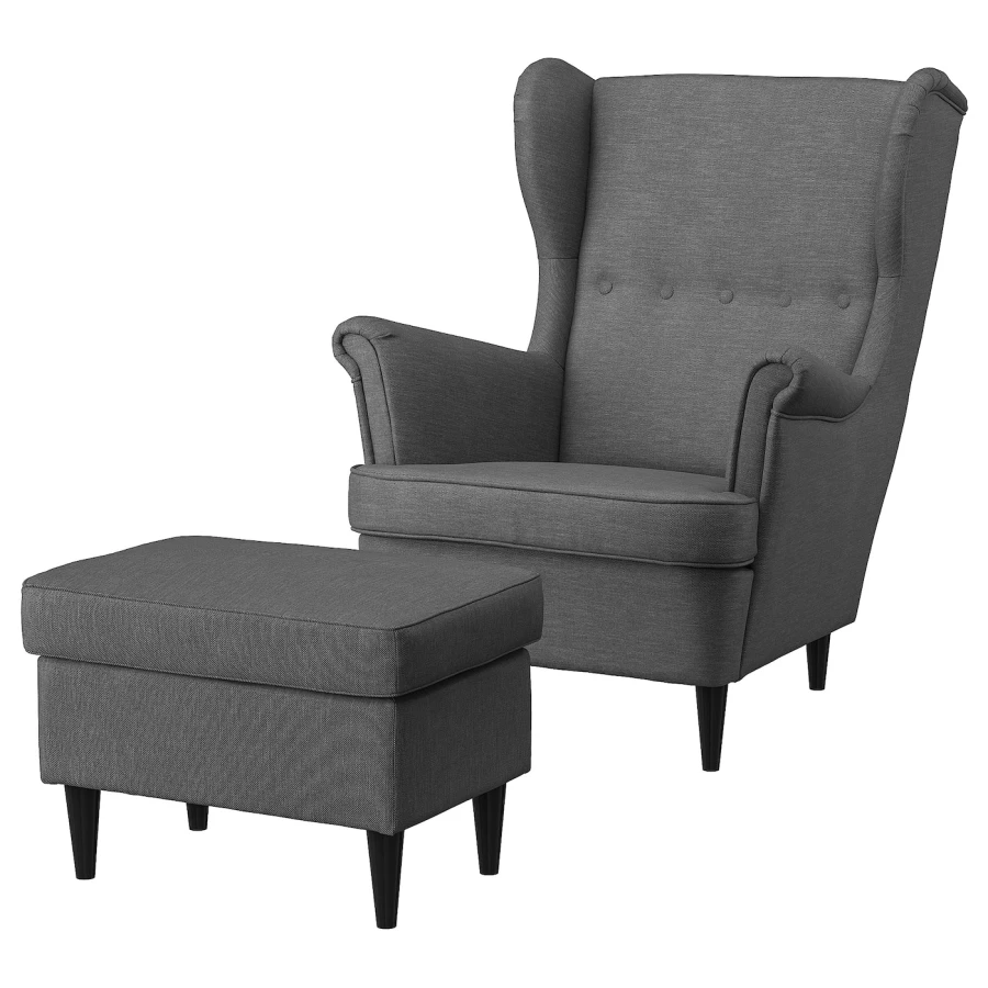 Кресло с подголовником и пуф - IKEA STRANDMON, 82х96х101 см, темно-серый, СТРАНДМОН ИКЕА (изображение №1)