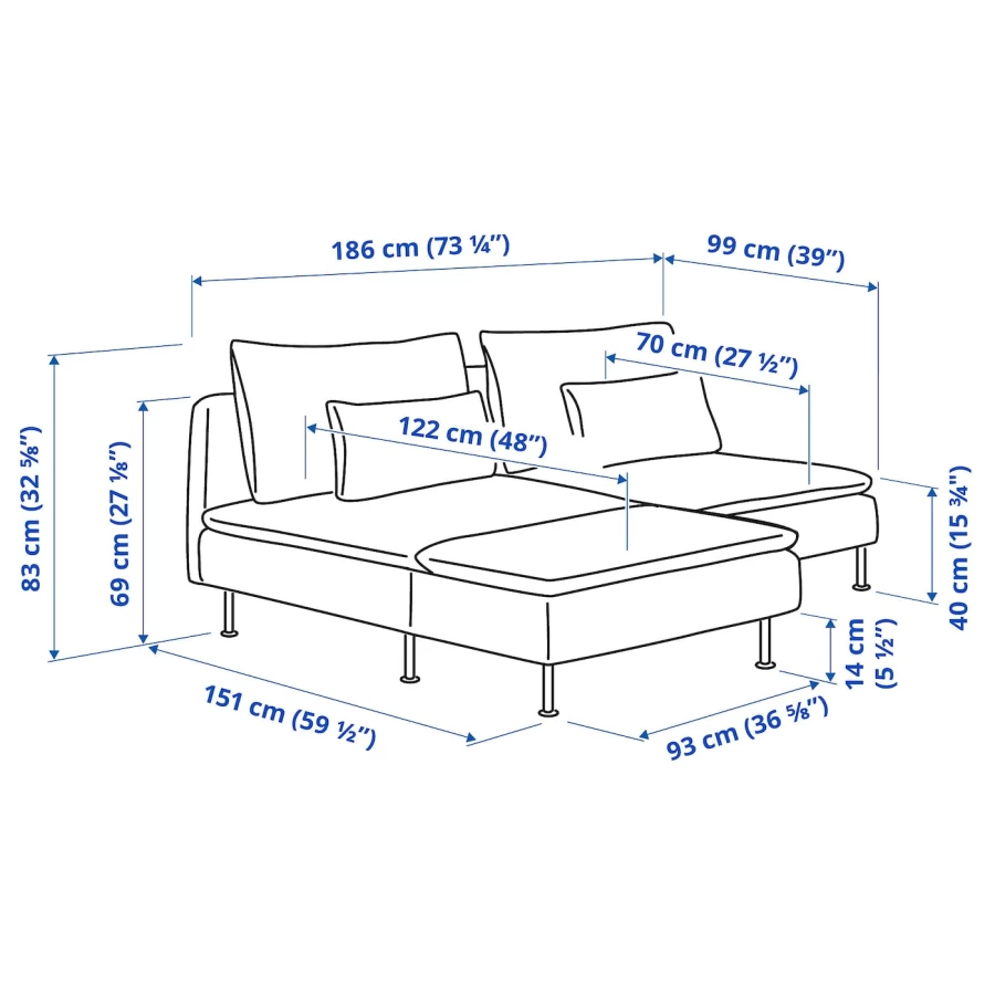 2-местный диван с шезлонгом - IKEA SÖDERHAMN/SODERHAMN/СЁДЕРХАМН ИКЕА, 186х69х151 см, красный (изображение №5)