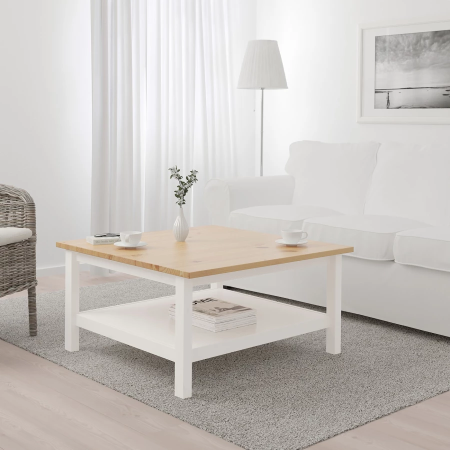 Журнальный стол - IKEA HEMNES/ИКЕА ХЕМНЭС, 90x90х46 см, белая морилка/светло-коричневый (изображение №2)