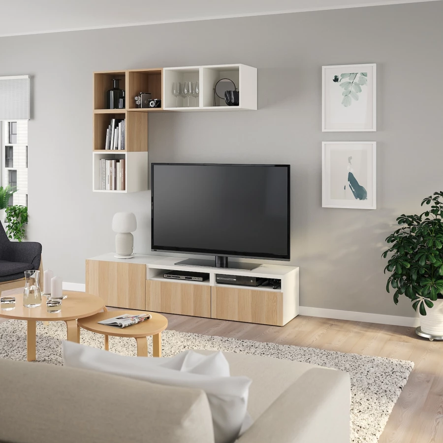 Комплект мебели д/гостиной  - IKEA BESTÅ/BESTA EKET, 170x70x180см, белый/светло-коричневый, БЕСТО ЭКЕТ ИКЕА (изображение №2)