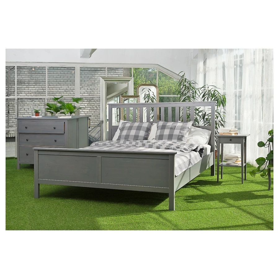 Кровать - IKEA HEMNES, 200х160 см, матрас средне-жесткий, серый, ХЕМНЕС ИКЕА (изображение №9)