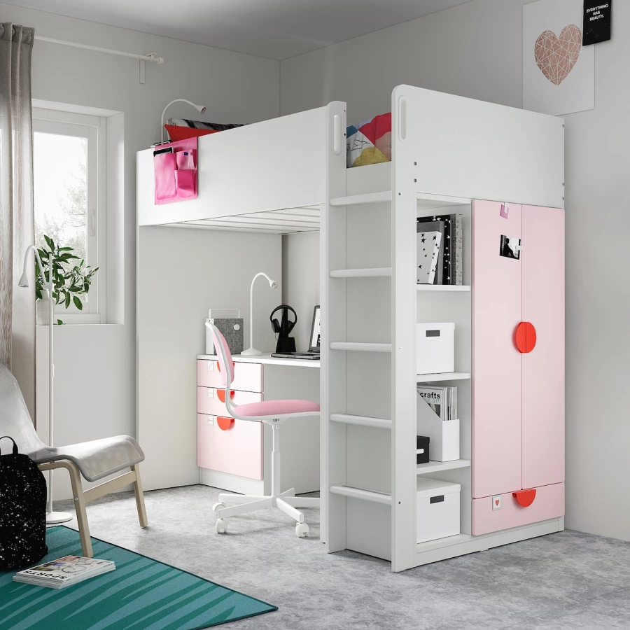 Кровать двухъярусная - IKEA SMÅSTAD/SMASTAD/СМОСТАД ИКЕА, 90x200 см, белый/розовый (изображение №2)