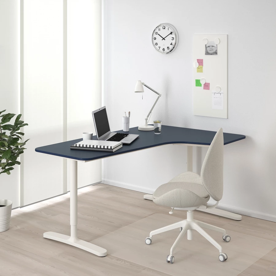 Письменный стол (правый угол) - IKEA BEKANT, 120х110х65-85 см, белый/синий, БЕКАНТ ИКЕА (изображение №2)