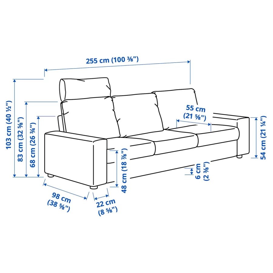Диван 3-местный - IKEA VIMLE, 255х98х83 см, серый, ВИМЛЕ ИКЕА (изображение №5)
