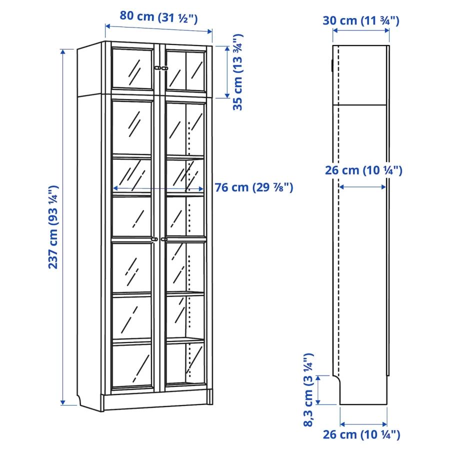 Книжный шкаф со стеклянной дверцей - BILLY/OXBERG IKEA/БИЛЛИ/ОКСБЕРГ ИКЕА, 30х80х237 см, белый (изображение №5)