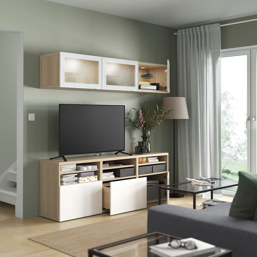 Комбинация для хранения ТВ - IKEA BESTÅ/BESTA, 192x42x180см, белый/светло-коричневый, БЕСТО ИКЕА (изображение №6)