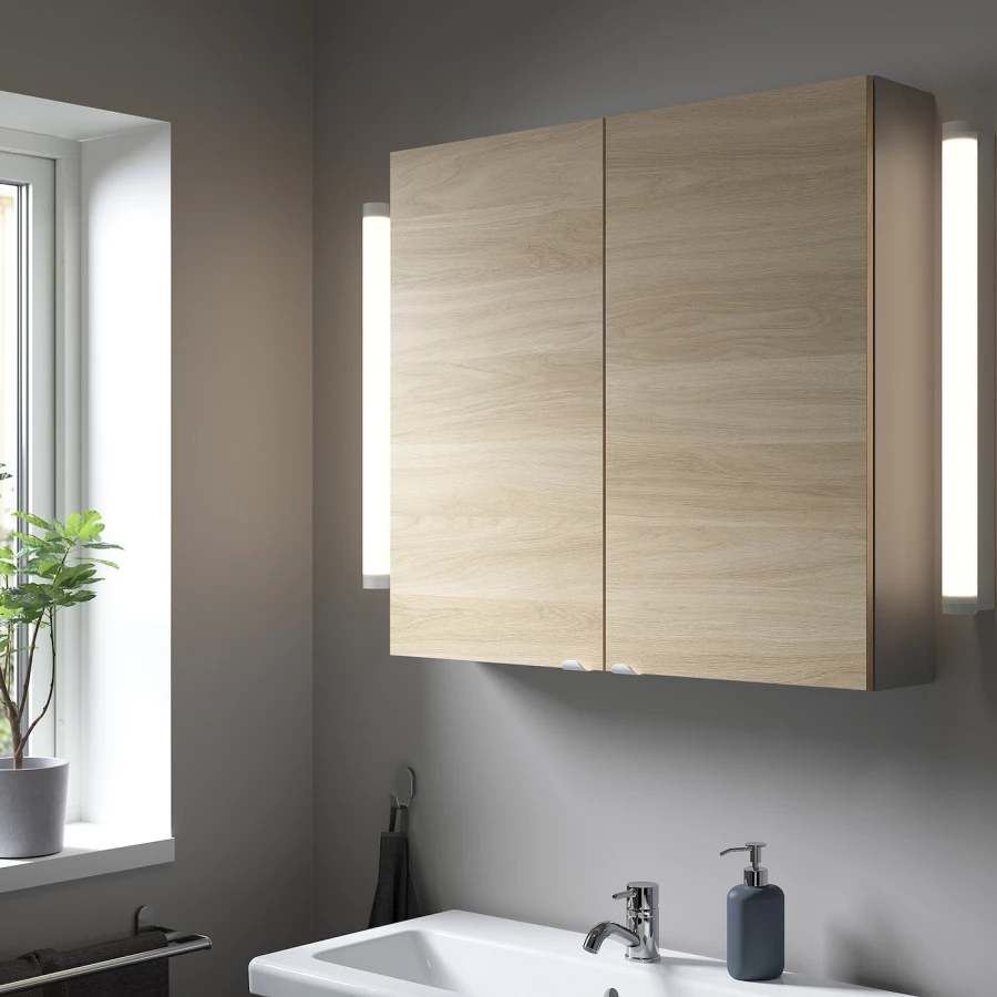 Настенный шкаф для ванной комнаты - ENHET IKEA/ ЭНХЕТ ИКЕА, 80х75х17 см, коричневый (изображение №2)