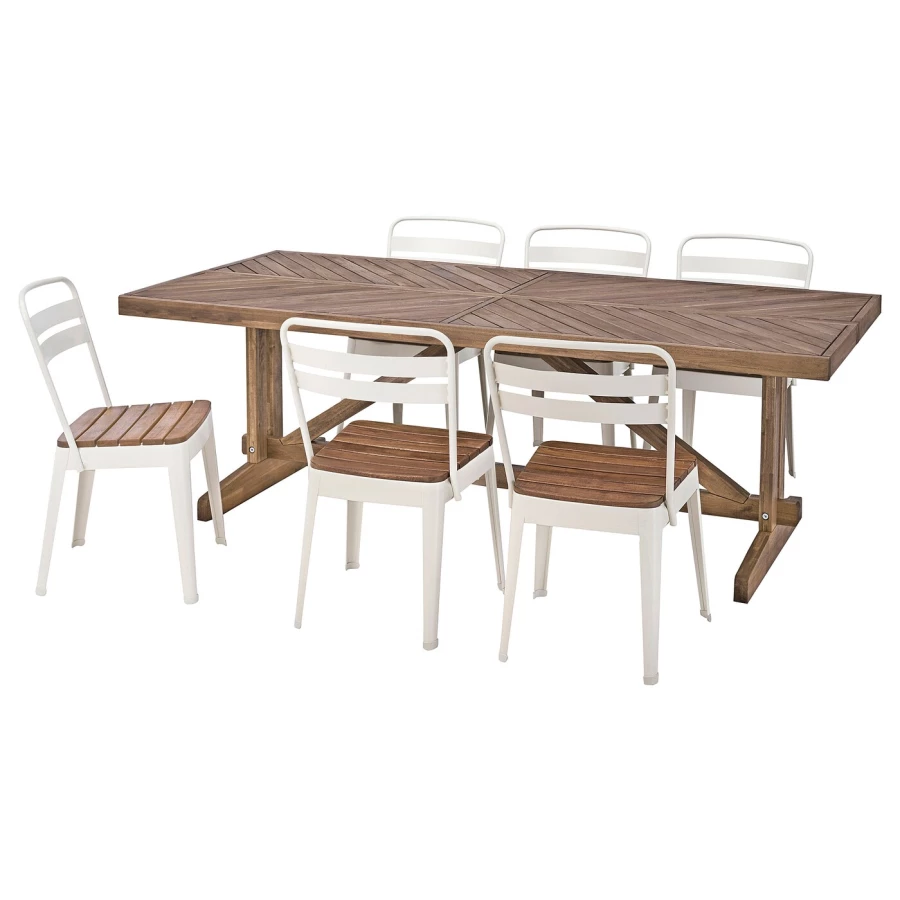 Стол+6 стульев садовый - NORRMANSÖ / NORRMANSÖ IKEA/ НОРРМАНСО ИКЕА, 220х100х74 см, белый/коричневый (изображение №1)