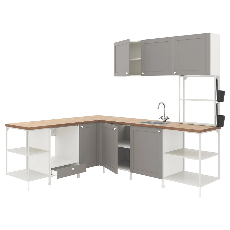 Угловая кухонная комбинация для хранения - ENHET  IKEA/ ЭНХЕТ ИКЕА, 210,5х248,5х75 см, белый/серый/бежевый (изображение №1)