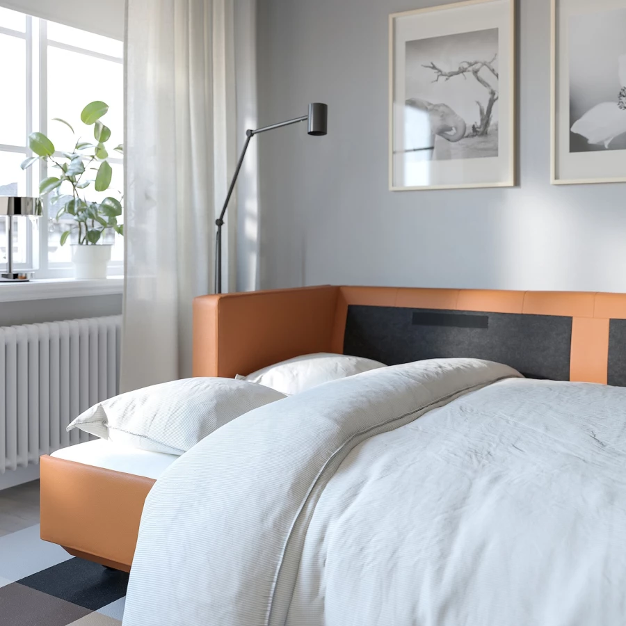3-местный диван-кровать - IKEA LANDSKRONA, 84x92x223см, оранжевый, кожа, ЛАНДСКРУНА ИКЕА (изображение №4)