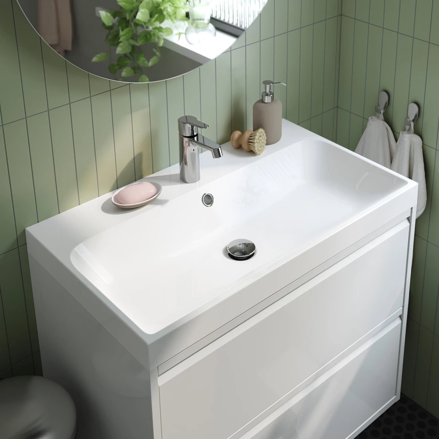 Тумба для ванной - ÄNGSJÖN / BACKSJÖN/АNGSJОN / BACKSJОN  IKEA/ ЭНГСЬЕН / БЭКСЬЕН ИКЕА,  80х39 см , белый/коричневый (изображение №4)