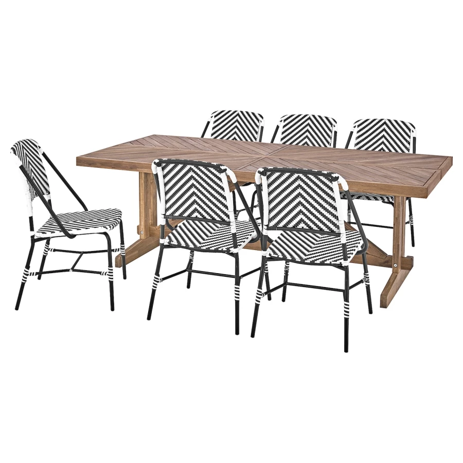 Стол+6 стульев садовый - NORRMANSÖ / VASSHOLMEN IKEA/ НОРРМАНСО /ВАСХОЛМЕН  ИКЕА, 220х100х74 см, черно-белый/коричневый (изображение №1)