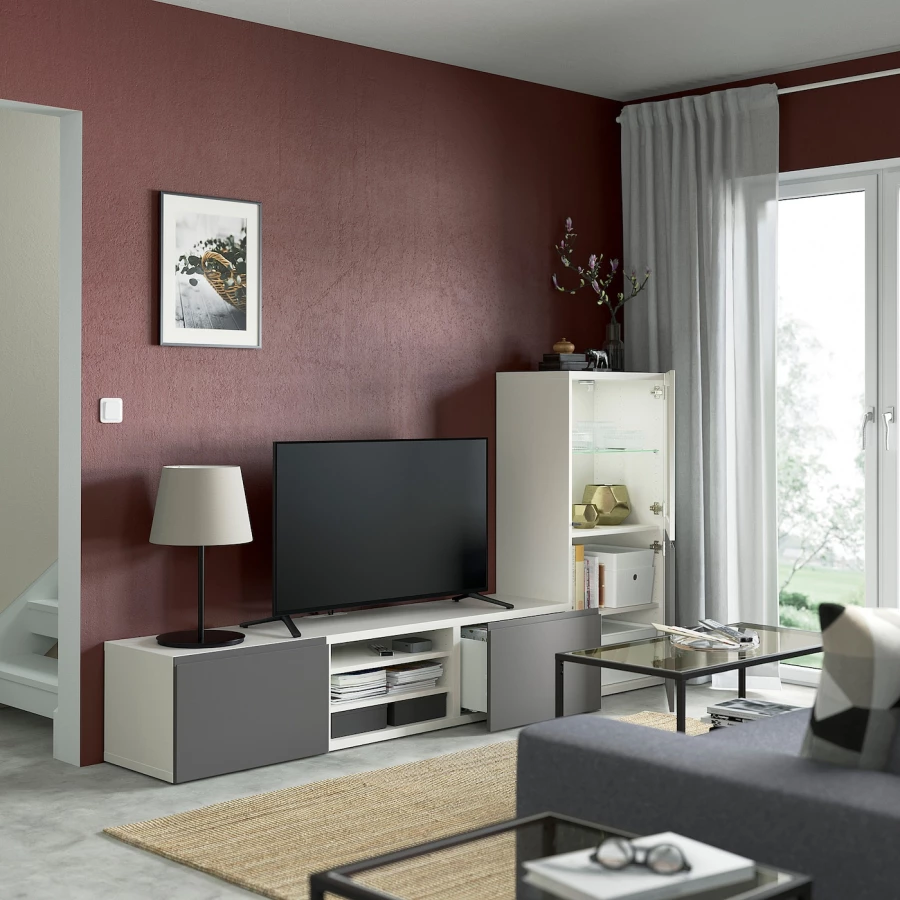Комбинация для хранения ТВ - IKEA BESTÅ/BESTA, 129x42x240см, серый/белый, БЕСТО ИКЕА (изображение №3)