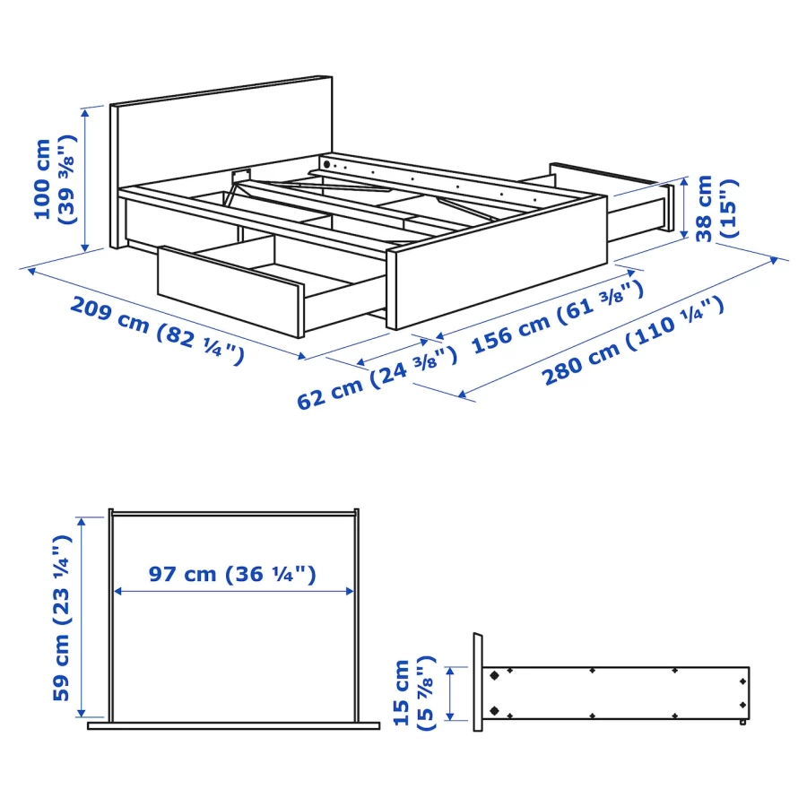 Каркас кровати с 4 ящиками для хранения - IKEA MALM, 200х140 см, под беленый дуб, МАЛЬМ ИКЕА (изображение №11)
