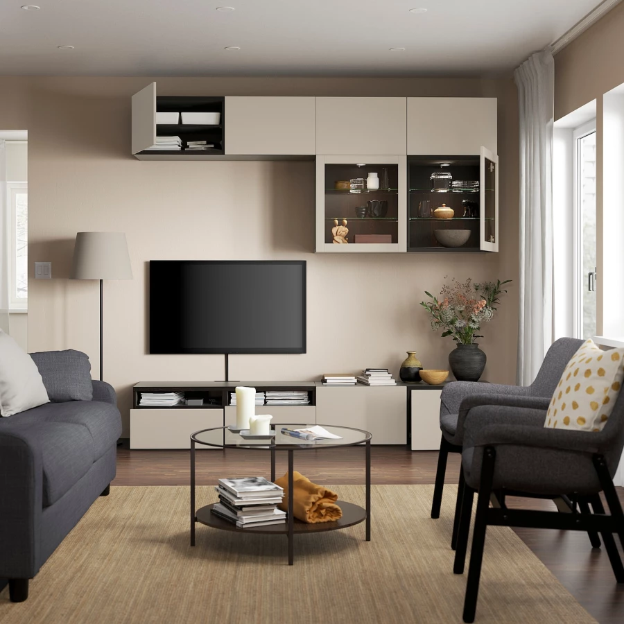 Комбинация для хранения ТВ - IKEA BESTÅ/BESTA, 231x42x240см, черный/светло-коричневый, БЕСТО ИКЕА (изображение №2)