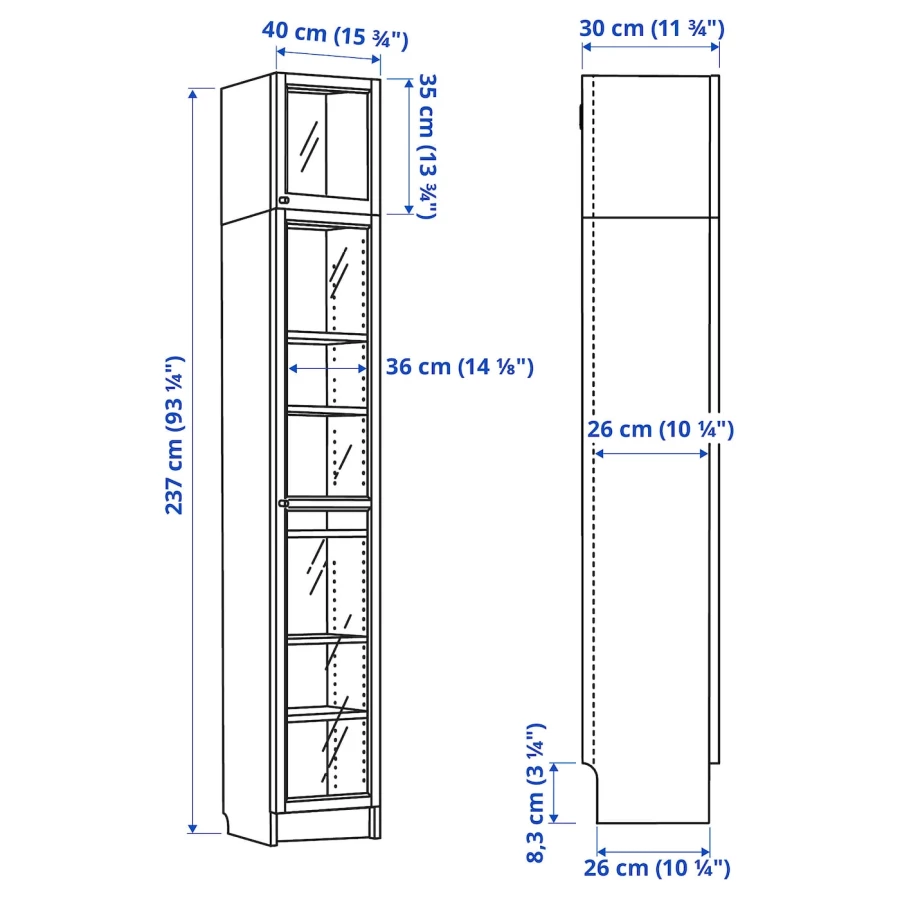 Книжный шкаф со стеклянной дверцей - BILLY/OXBERG IKEA/БИЛЛИ/ОКСБЕРГ ИКЕА, 30х40х237 см, белый (изображение №7)