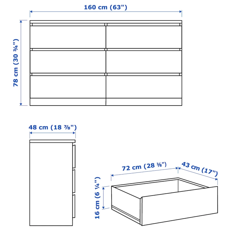 Комод с 6 ящиками - IKEA MALM, 160x78х48 см, черно-коричневый МАЛЬМ ИКЕА (изображение №6)