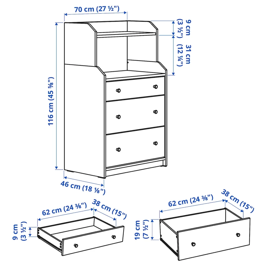Комод с 3 ящиками/полкой - IKEA HAUGA, 70x116 см, белый ХАУГА ИКЕА (изображение №10)