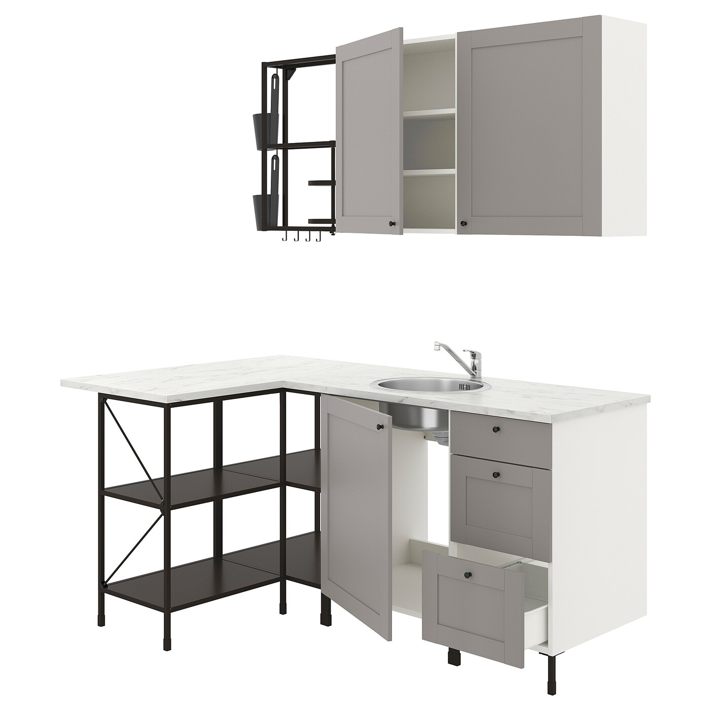 Угловая кухонная комбинация для хранения - ENHET  IKEA/ ЭНХЕТ ИКЕА, 121,5х185х75 см, белый/серый/черный