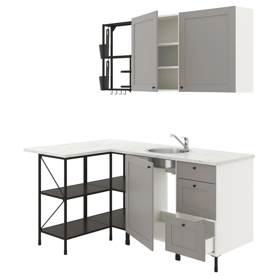 Угловая кухонная комбинация для хранения - ENHET  IKEA/ ЭНХЕТ ИКЕА, 121,5х185х75 см, белый/серый/черный (изображение №1)