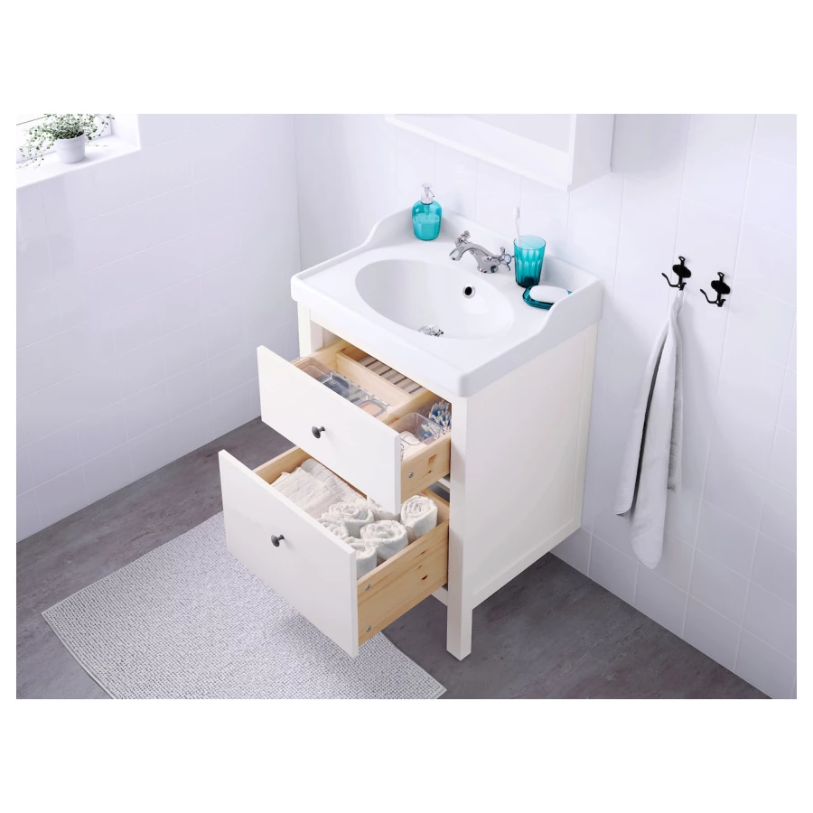 Шкаф под умывальник с 2 ящиками - HEMNES / RÄTTVIKEN IKEA/ ХЕМНЭС /РЕТТВИКЕН ИКЕА, 89х62 см, белый (изображение №5)