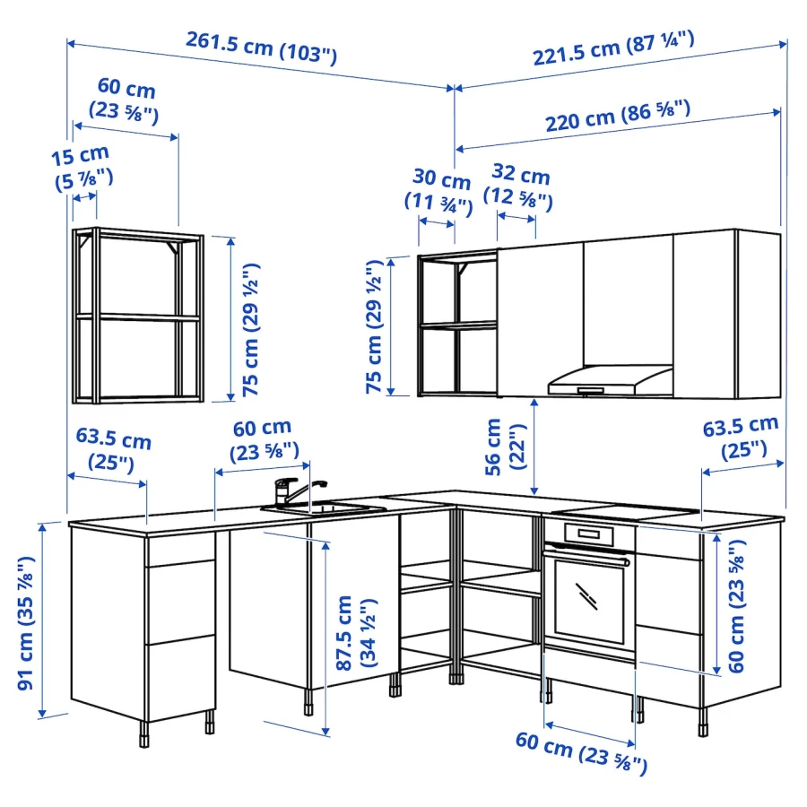 Угловая кухня -  ENHET  IKEA/ ЭНХЕТ ИКЕА, 261,5х75 см, белый (изображение №3)