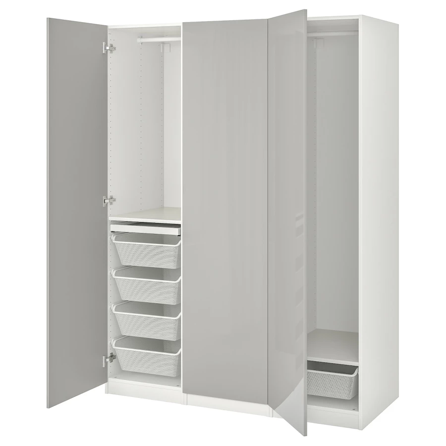 Платяной шкаф - IKEA PAX/FARDAL/ПАКС/ФАРДАЛЬ ИКЕА, 150x60x201 см, белый / глянцевый светло-серый (изображение №1)