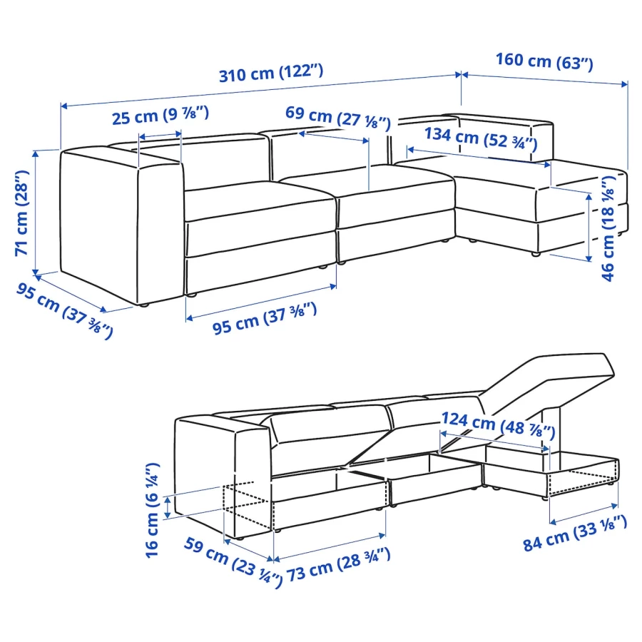 3-местный диван и шезлонг - IKEA JÄTTEBO/JATTEBO,  71x160x310см, бежевый, ЙЕТТЕБО (изображение №9)