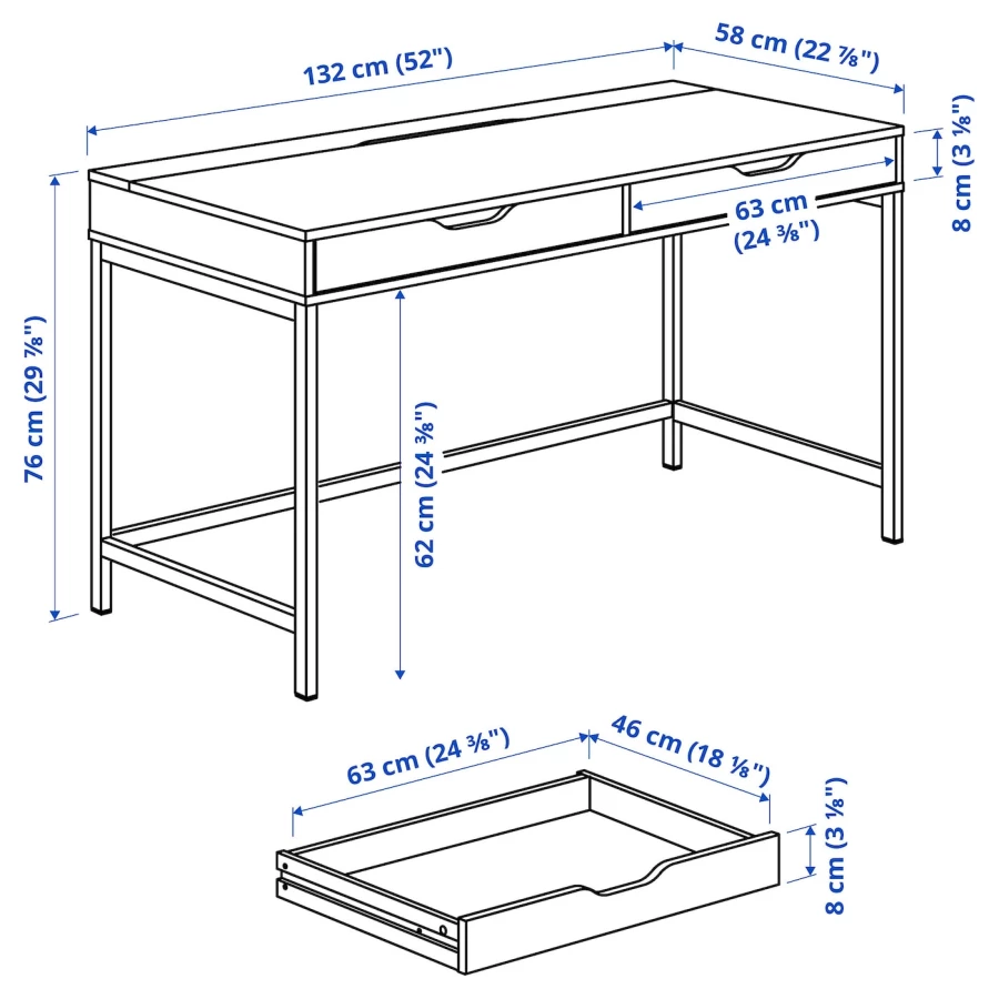 Письменный стол с ящиками - IKEA ALEX/АЛЕКС ИКЕА, 132х58 см, под беленый дуб/белый (изображение №6)