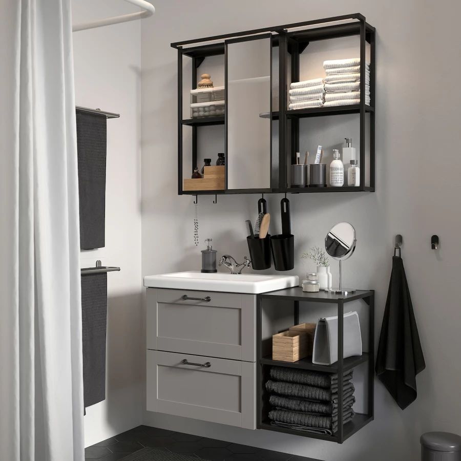Тумба для ванной - ENHET  IKEA/ ЭНХЕТ ИКЕА,  102х43х65 см , черный/белый/серый (изображение №2)