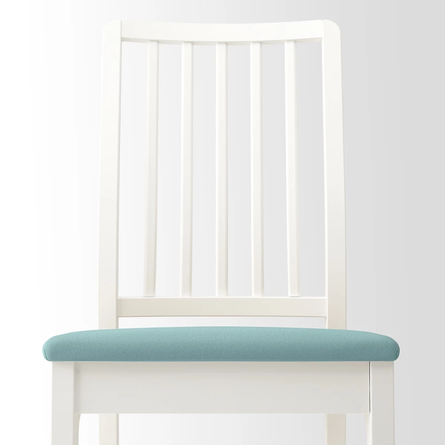 Деревянный стул с мягкой обивкой - EKEDALEN IKEA/ ЭКЕДАЛЕН ИКЕА, 95х45х51 см, белый/голубой (изображение №4)