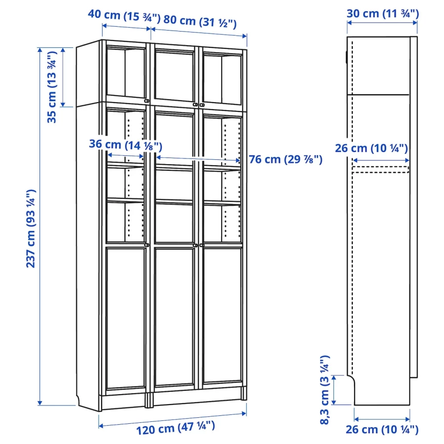 Книжный шкаф с дверцей - BILLY/OXBERG IKEA/ БИЛЛИ/ОКСБЕРГ ИКЕА, 30х120х237 см, белый (изображение №4)