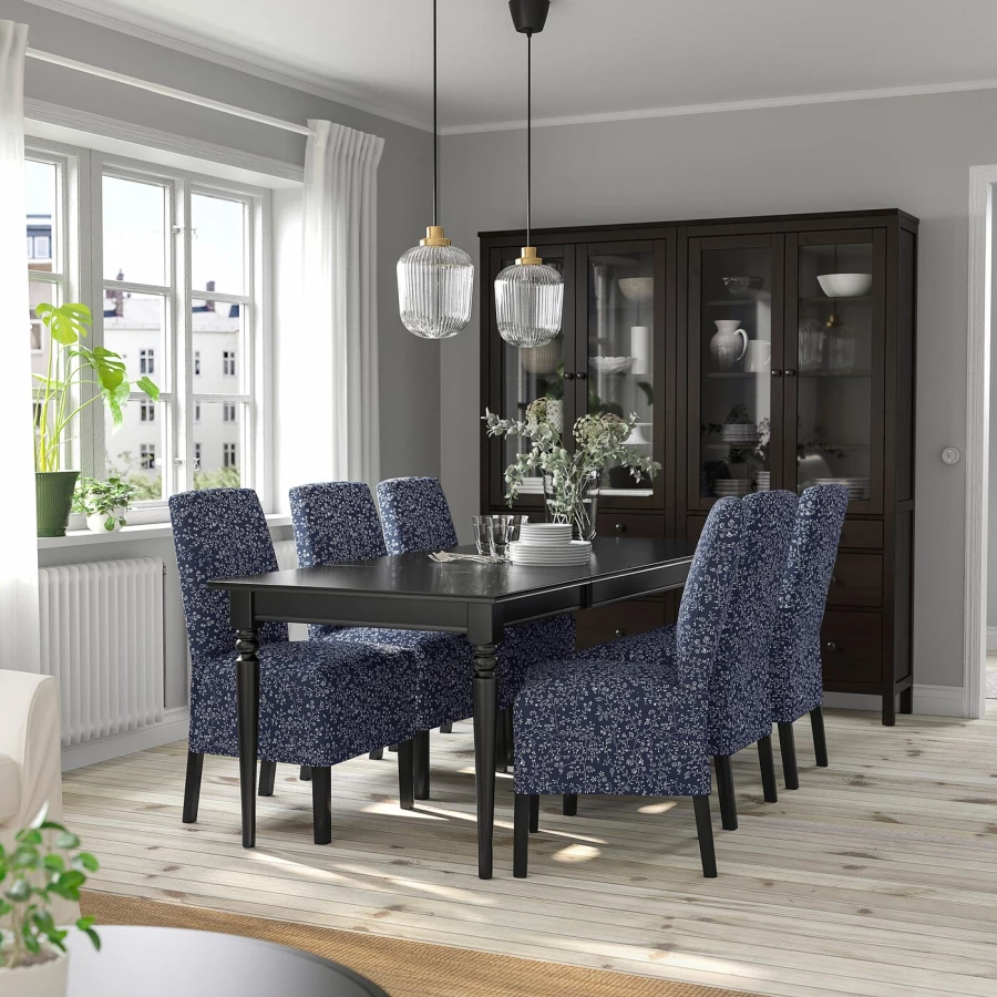Стол и 4 стула - INGATORP / BERGMUND IKEA/ ИНГАТОРП/БЕРГМУНД ИКЕА, 215/155х87 см, синий с рисунком/коричневый (изображение №3)