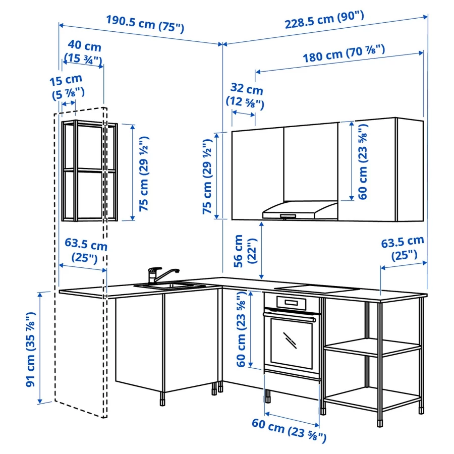 Угловая кухонная комбинация для хранения - ENHET  IKEA/ ЭНХЕТ ИКЕА, 190,5х228,5х75 см, белый/серый/бежевый/черный (изображение №3)